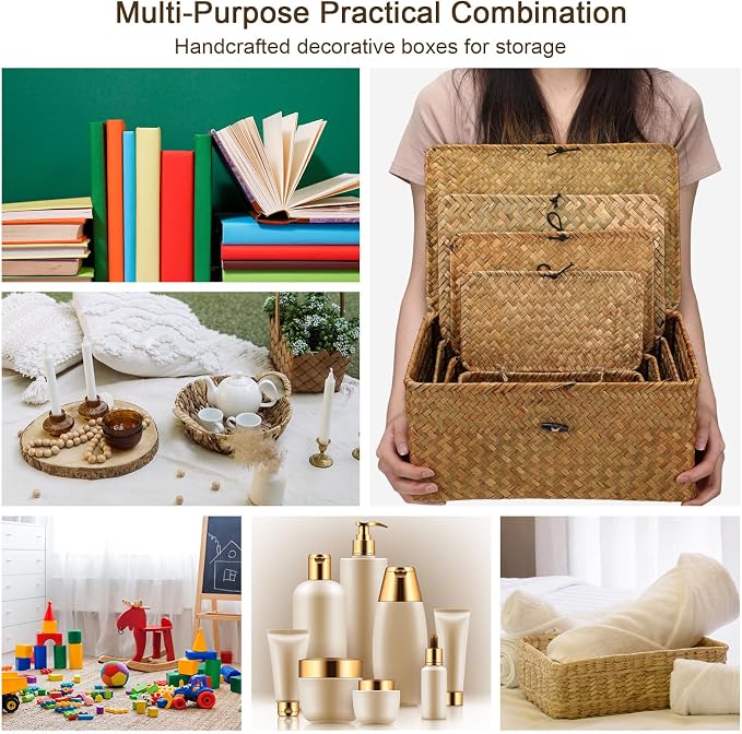 Woanger Set of 4 Wicker Baskets with Lids, Nautral Seagrass Storage Baskets, Woven Rectangular Basket Bins, Rattan Storage Organizer for Shelf Closet Bedroom(Orange) - Image 6