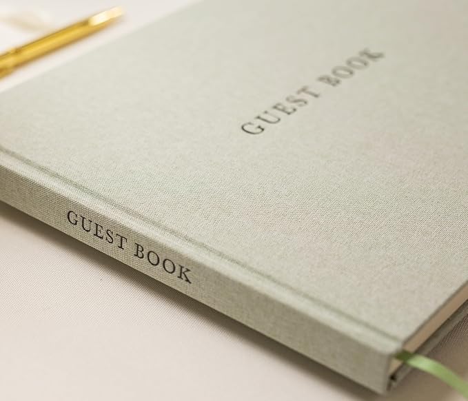 Real Linen Guest Book Set - 11.5 x 8.5 Embossed Guestbook for Weddings, Showers, Events, Blank & Lined, Comes with Sign, Pen, Box and Photo Sleeves, 120 Pages (Leaf) - Image 9