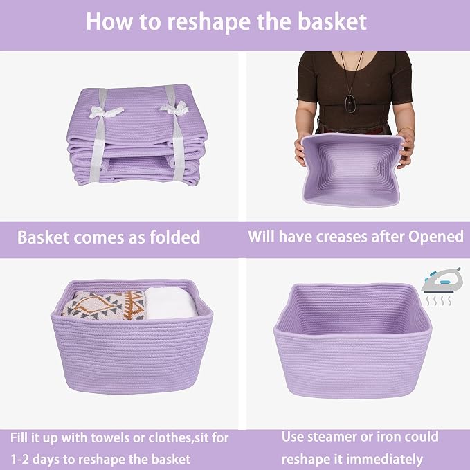 XUANGUO Woven Cotton Rope Storage Baskets 15x10x9.3" 3 Pack Purple Lavender | Decorative rectangular storage baskets for shelves and closets; storage bins organize clothes, toys, books and nursery items. - Image 7