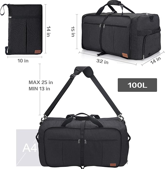 100L EXTRA LARGE Foldable Waterproof Travel Duffle Bag for Men Women | with Shoe Compartment, Black, 32“ Duffel for Weekender Gym Sport, Tear Resistant, Polyester - Image 8