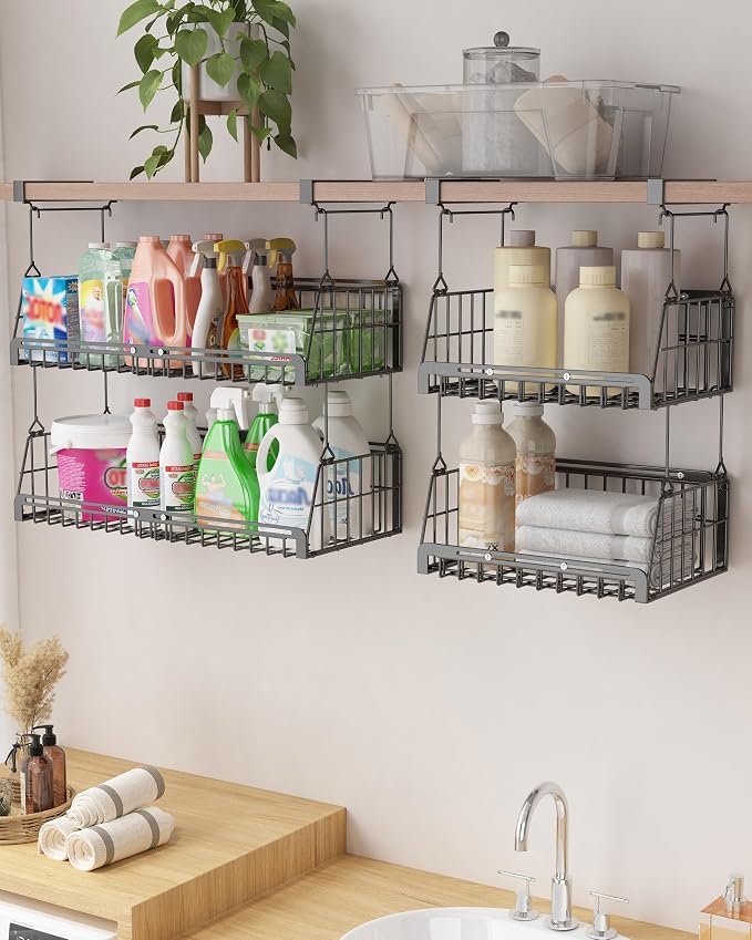 2 Pack Under Shelf Organizer Hanging Under Shelf Storage Basket, Black | Extendable heavy-duty metal under shelf basket, sturdy & durable, fits kitchen, pantry, closet, office, adjustable length - Image 7
