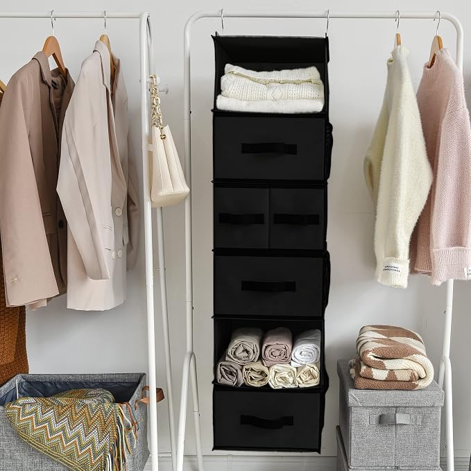 GRANNY SAYS Hanging Closet Organizer, 5 Drawers, 6 Shelves, 6 Pockets | Hanging Closet Organizer with 5 Different Drawer Designs, 6 Shelves & Reinforced Structure for Organized Small Spaces, Black - Image 8
