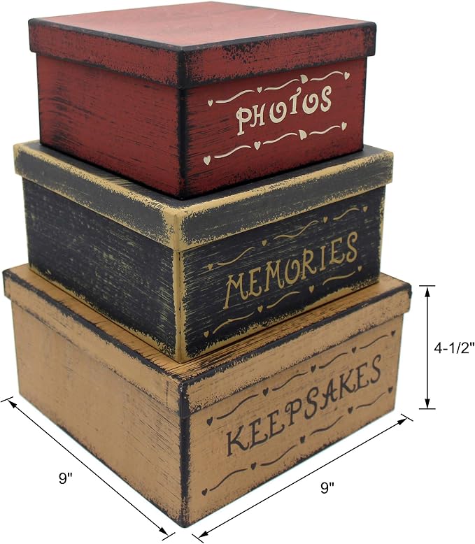Primitive Vintage Square Photos, Memories, Keepsakes Cardboard Nesting Boxes, Large 9 X 9 X 4-1/2 Inch. Set of 3. - Image 5