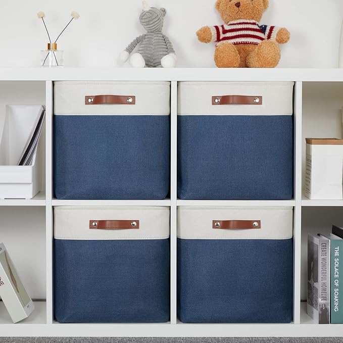 DULLEMELO Storage Baskets for Shelves Closet Storage,Large Home Organization Bins for Gifts Empty,Foldable Fabric Storage Cubes Baskets for Nursery Toy Towels Clothes Storage(White&Blue) - Image 7