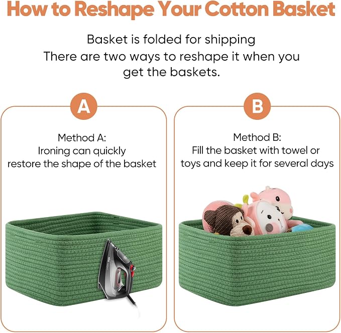 OIAHOMY 4 Pack 14.17 * 11.02 * 6.3IN Storage Baskets for Organizing Shelves, Woven Rope Baskets for Organizing Books, Clothes, Decorative Basket for Living Room, Nursery, Bedroom, Gift Basket, Green - Image 7