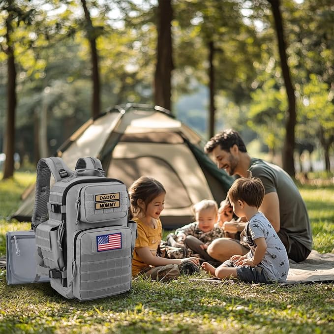 SHARKMOUTH Baby Diaper Bag for Dad - Large Military Daddy Gear Backpack with Changing Pad for Travel Camping Hiking - Newborn Baby Shower Gifts Gray - Image 7