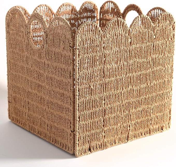 Scalloped Wicker Storage Cubes Basket, 12”x12“ Heavy Duty Paper rope/Hyacinth/Seagrass Baskets for Shelves, Foldable Natural Boho Square Bins (Paper Rope&12 x 12 x 12in&4-Pack) - Image 9