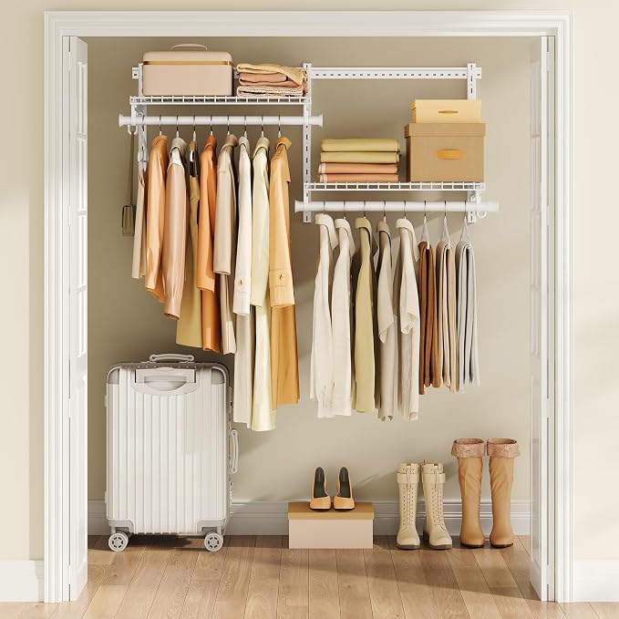 SONGMICS HOME Closet System, Closet Insert Organizer, 2-4 ft Closet Shelves | Adjustable Metal Shelving Unit, 2 Hanging Rods, 2 Shelves, Hooks, Pearl White and Cloud White, PATRIA Collection URGR030W01 - Image 7