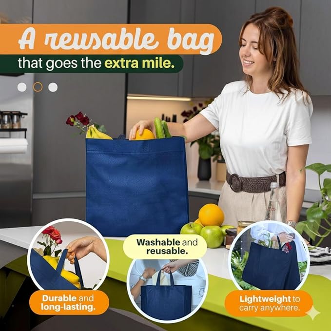 Simply Cool 200 Pack Reusable Grocery Bags, Large Tote Bags Bulk, Navy Blue | 14.5"x14"x6.6" Heavy Duty Non-woven Custom Shopping Bags with Handles, Foldable, Washable for Groceries and Commercial use - Image 6