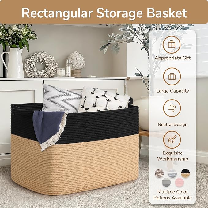 Goodpick 105L Extra Large Woven Blanket Basket Cotton Rope Storage Baskets for Organizing, Kids Toy Storage Organizer for Living Room Nursery, 25"x16"x16", Black & Jute - Image 7