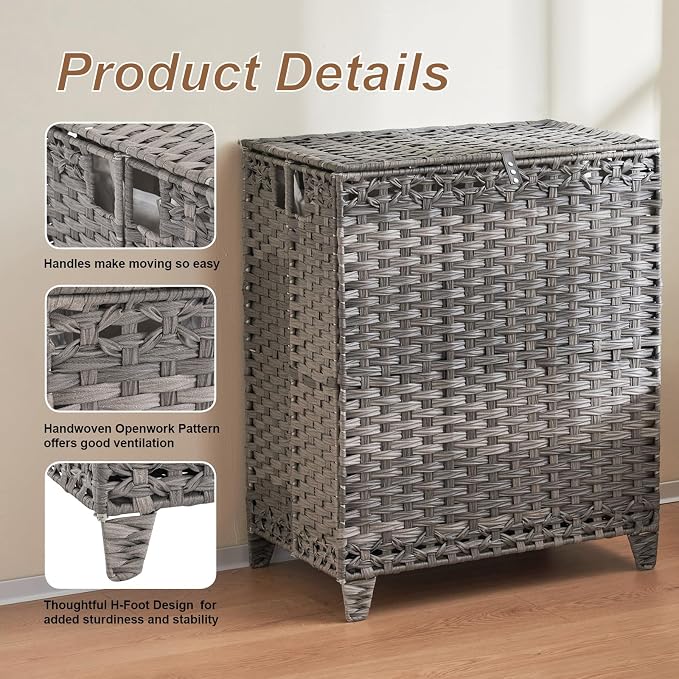 Laundry Hamper with Lid, 190L Large Laundry Basket 3 Section with 6 Removable Liner Bags & 3 Mesh Laundry Bags, Handwoven Rattan Clothes Hamper with Heightened Feet, No Install Needed, Grey - Image 7