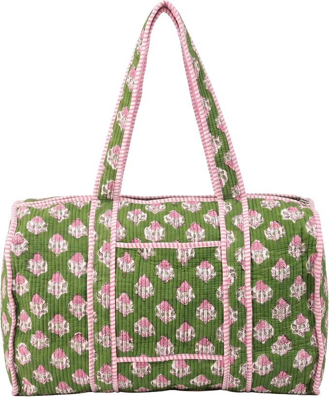 Large Duffle Bag, Handblock Print 100% Quilted Cotton for Overnight Trip, Travel Weekender, Luggage, 2 Pockets with Zipper, 1 Front Pocket, Detachable Long Strap, 20 X 10 X 12 Inches, Moss Pink by ATOSII
