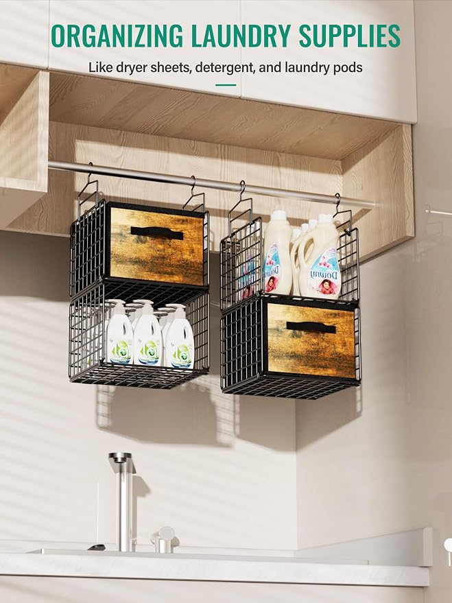 Hanging Closet Organizer with Drawers, 4 Tier Metal Closet Organizers and Storage with 4 Hanging Hooks 4 S-Hooks for Wardrobe Laundry Room, Wire Storage Shelf for Clothes Sweaters Pants (Black) - Image 6