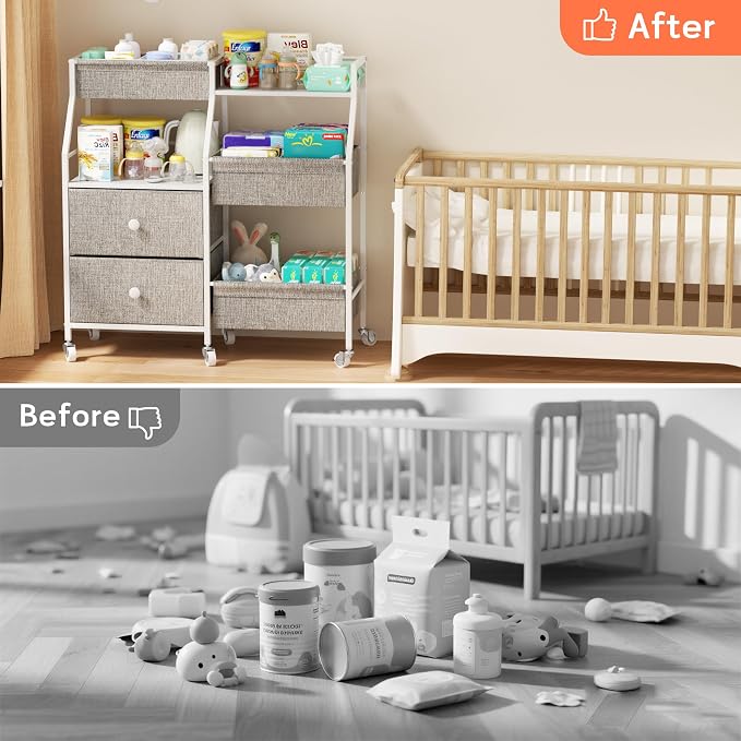 DTK Baby Diaper Caddy Organizer, 3 Tier Rolling Diaper Cart with Dividers and Drawers, Mobile Utility Baby Storage Cart with Wheels, Baby Newborn Essentials for Nursery, Bedroom, Charging Table,Crib - Image 7