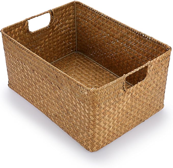 Hipiwe Seagrass Storage Baskets Bin for Shelf Large Handwoven Wicker Basket | Rectangular Bedroom Bathroom Organizer Built-in Handles, Multipurpose Woven Basket Bin Boxes,14.6"x 10.6"x 7.1" - Image 9