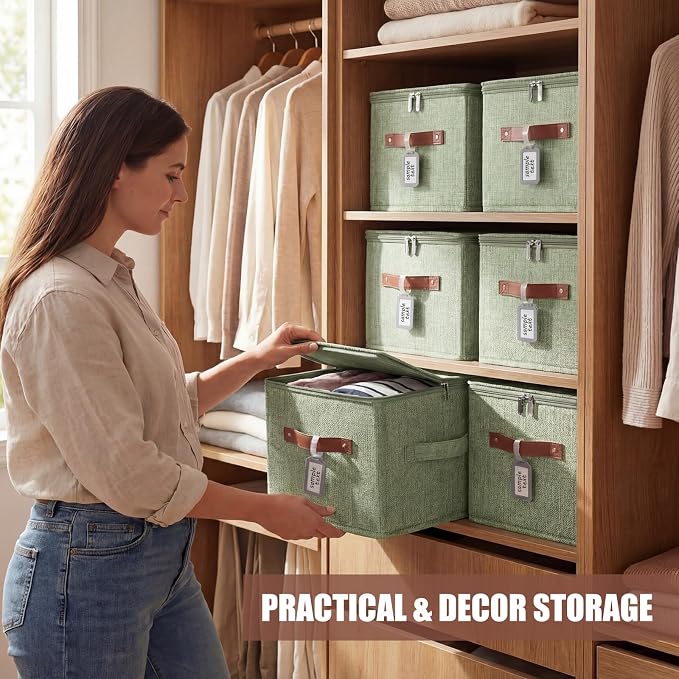 6 Pack Fabric Bins with Lids, 10 x 8 x 7 Inch Fabric Storage Bins with Zipper Lids and Labels, Decorative Foldable Storage Cubes with Handles for Closet Nursery Shelf Organization, Green - Image 6