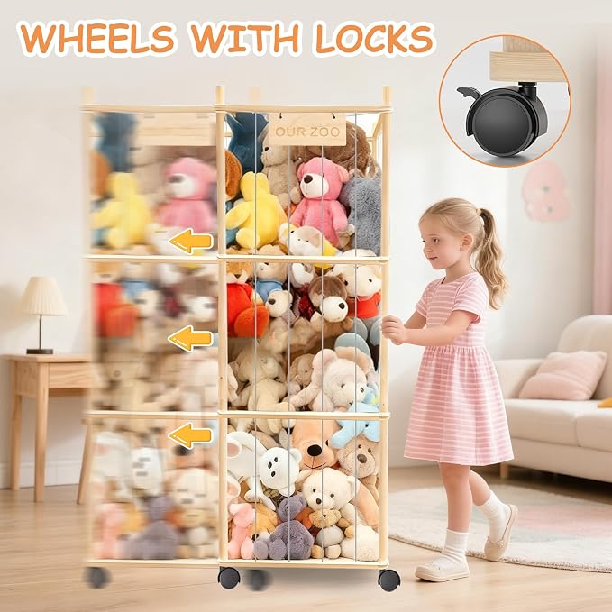yofit 56" Stuffed Animal Storage Organizer with Wheels, Plush Storage Wooden ZOO with Removable Dust-Proof Cover for Playroom Bedroom Living Room Kids Room - Image 7