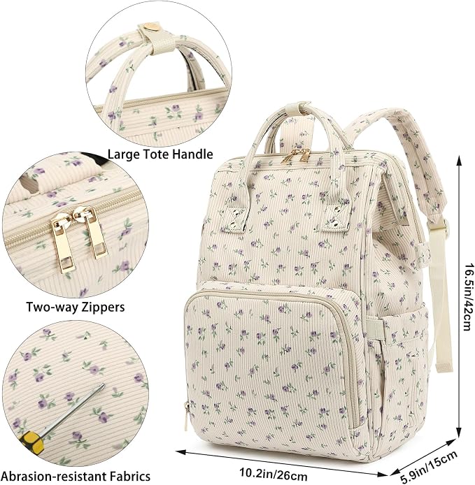 Corduroy Diaper Bag Backpack for Baby Girls Boys, Women Large Nappy Bags for Mom (Beige Corduroy Floral Purple) - Image 7