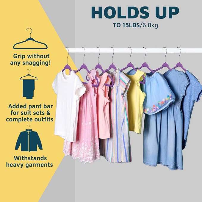 Purple Velvet Kids Hangers 100 Pack, 10.83" Non-Slip Baby & Toddler Hangers for Clothes, Space-Saving Slim ABS Plastic with 360° Swivel Hook & Notched Shoulders, Up to 10 lb Capacity - Image 7