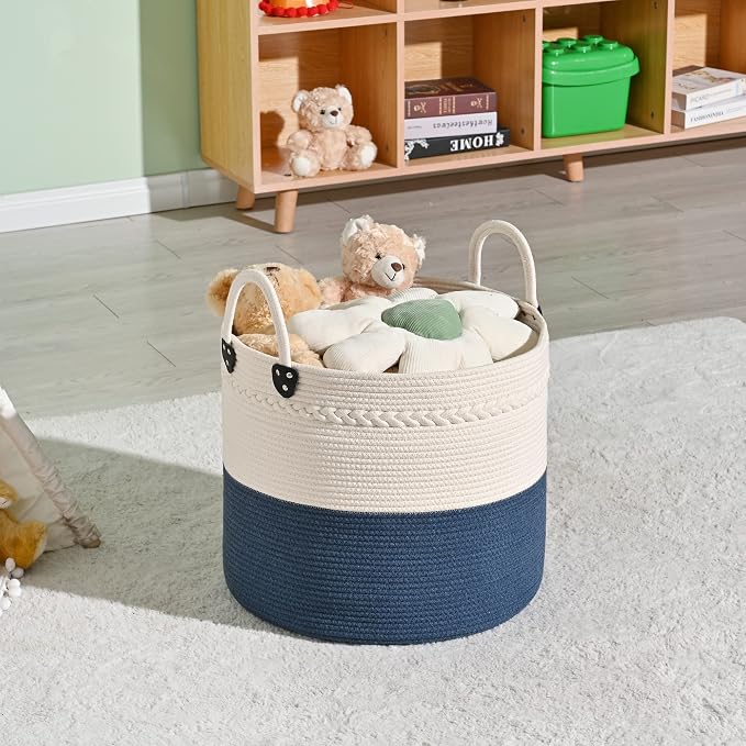 KAKAMAY Large Blanket Basket (18"x18"x16"),Woven Baby Laundry Hamper for Storage, Cotton Rope Blankets Baskets for Nursery, Laundry, Living Room, Pillows, Baby Toy chest with Handles (Navyblue) - Image 7