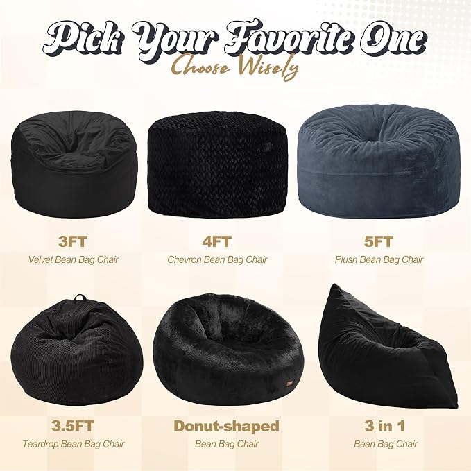 Hobestluk Adult Bean Bag Chair 3 in 1 Convertible Large Bean Bag Sofa | Velvet Black,Machine Washable,Removable Cover,Easy Convert And Install, Oversied Floor Bed,For Livingroom Bedroom - Image 8