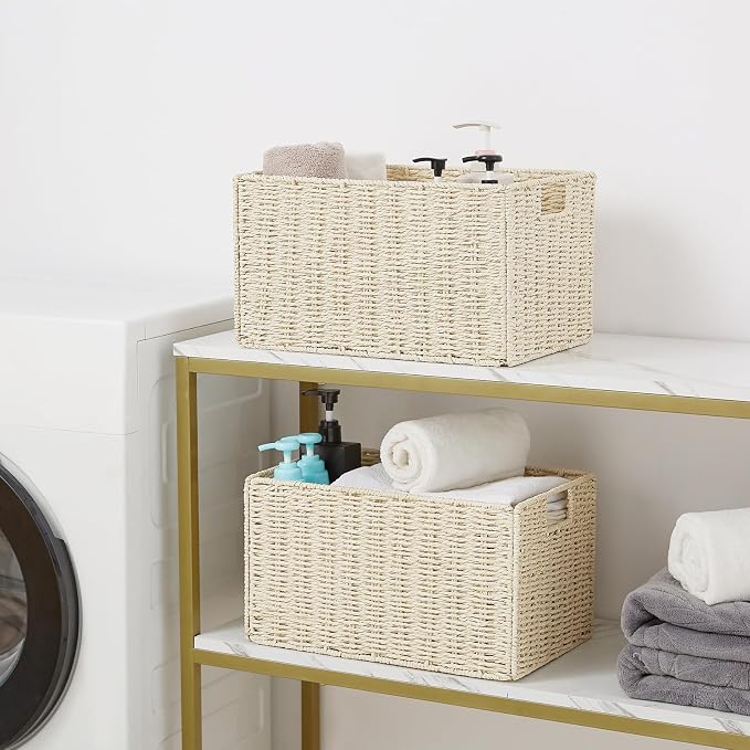 Wicker Storage Basket, Set of 2 Hand-Woven Paper Rope Wicker Basket, Small Storage Baskets for Organizing Toilet Paper Basket, Foldable Large Cube Storage Organizer Bins for Shelves (Beige) - Image 7