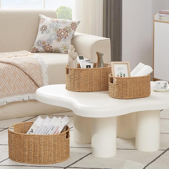 Wicker Storage Basket, Set of 3 Hand-woven Storage Baskets for Organizing, Round Large Wicker Baskets for Storage Decor, Pantry Storage Cubes Organization Baskets for Shelves, Natural - Image 7