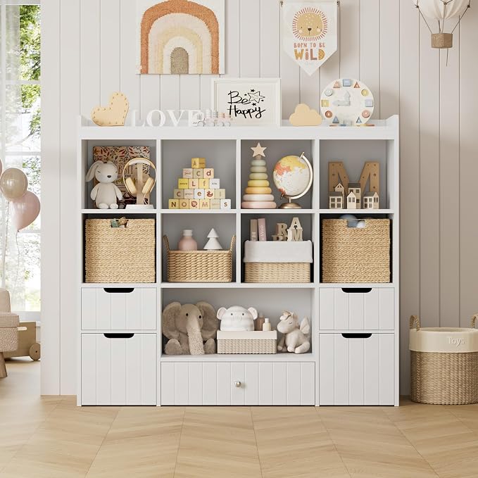 HORSTORS 48" W Kids Toy Storage Organizer, Kids Bookshelf w/Storage, White | 2 Mobile Toy Boxes & 3 Drawers, Toy Storage Chest with Open Cubbies for Boys and Girls, Kids Bookcase for Playroom, Classroom - Image 8