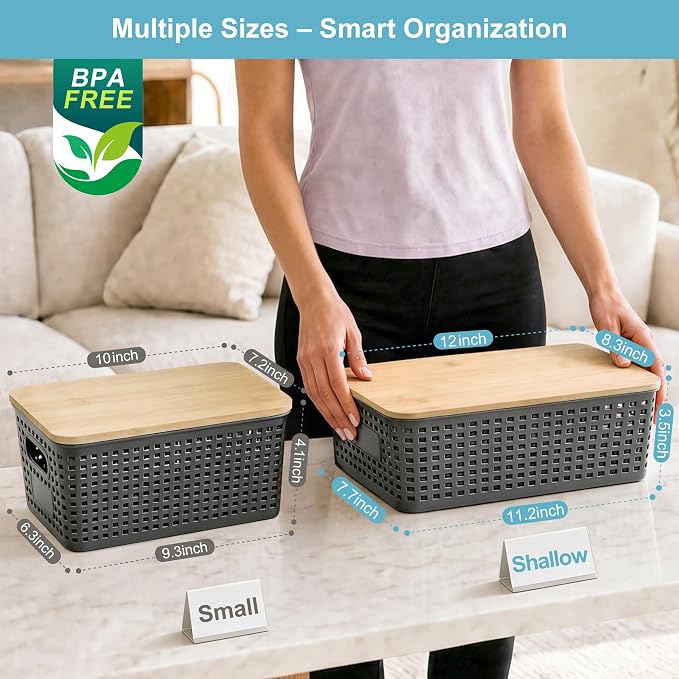 4 Pack Plastic Storage Bins with Bamboo Lids, 6.2qt Stackable Storage Organizer Box with Lable for Pantry Shelves Drawers Desktop Office, 12"L x 8.3"W x 3.5"H, Gray - Image 9