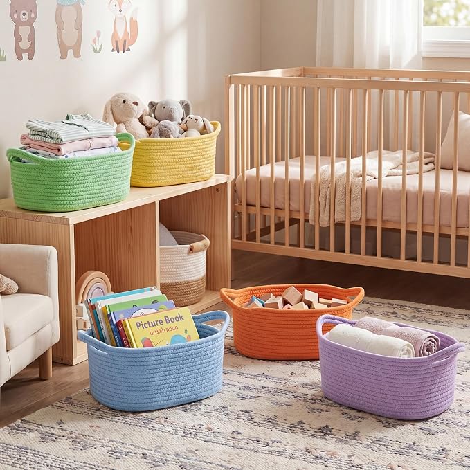 Hoolerry 8 Set Small Woven Gift Basket Empty with Bag Bow Raffia Pastel Cotton Rope Storage Box with Handle for Toy Storage Nursery Shelf Organizing Baby Shower Birthday Gift Basket, 12"x 8" x 5" - Image 8