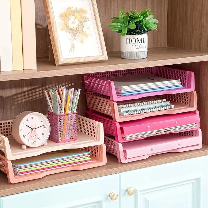 Teenyyou Set of 12 Colorful Turn in Trays Classroom Plastic Stackable Paper Tray Classroom Teachers Desk Organizer Bin for Office Home Teachers Organization and Storage, 9 x 13 x 3 Inches (Pink) - Image 7