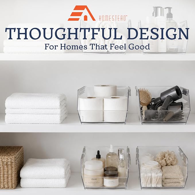 HOMESTEAD Set of 4 Stackable Storage Bins, 2 Large + 2 Small Clear Plastic Organizer Bins, Open Front Design for Kitchen Pantry, Fridge, Cabinet, Bathroom Organization and Snack Storage - Image 9