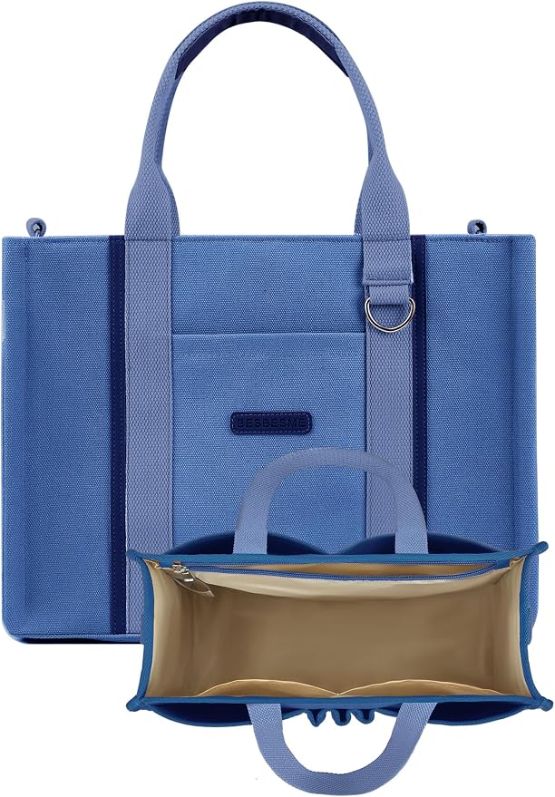 BESBESME Women’s Canvas Tote Bag with Zipper and Compartments – Multi-Pocket Laptop Work Crossbody Shoulder Tote Purse - Image 8