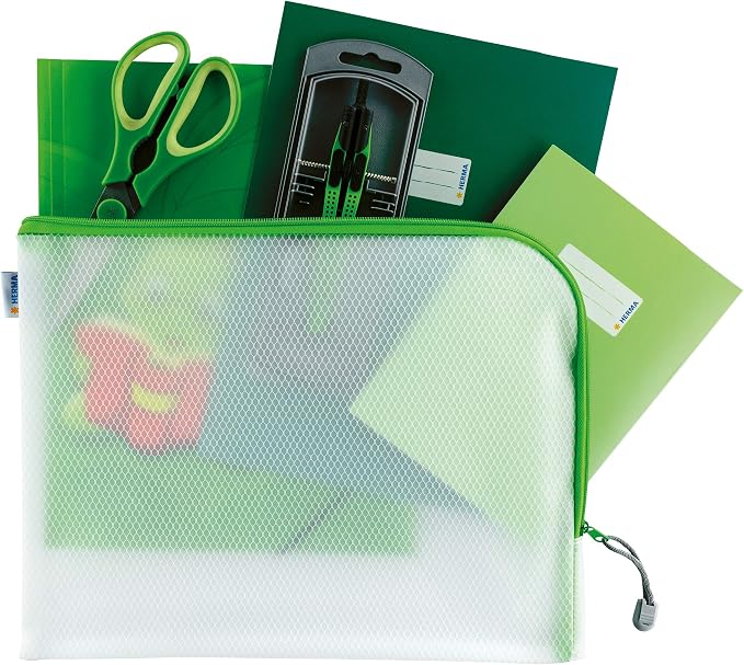 HERMA 20016 Zip Document Bag A4, Transparent (36 x 28 cm) Large Zippered mesh Pouch with Zipper for Laptop, Tablet, Books, Papers, Toys, Clear Storage Wallet with Zipper in Green - Image 7