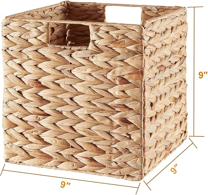 Storage Basket, Set of 2 Hand-woven Water Hyacinth Storage Baskets, Foldable Wicker Storage Basket 9 Inch Cube Storage Bins for Shelves Organizer Square Shelf Baskets, 9''x9''x9'' - Image 7