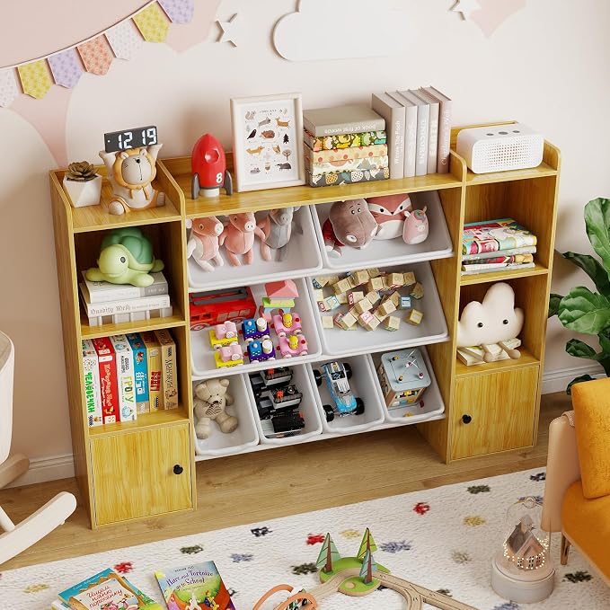 Costzon Kids Toy Storage Organizer w/ 8 Bins, Wooden Toddler Bookcase w/Open Shelves & Cabinet, Multifunctional Toy Storage Cabinet for Kids Room, Nursery & Playroom - Image 9