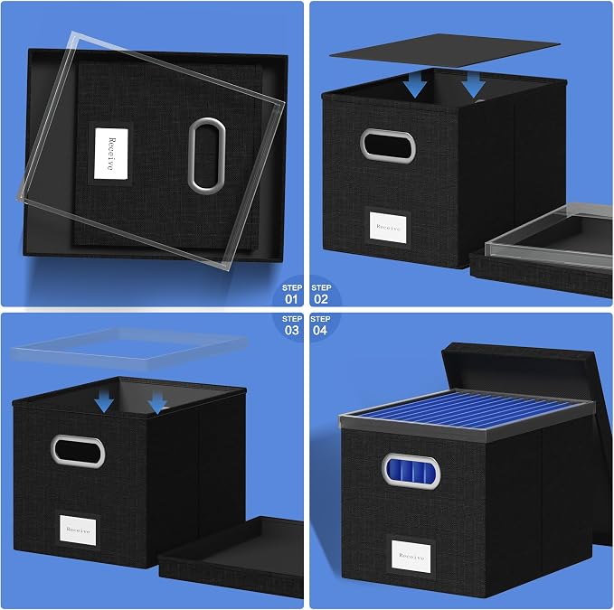 File Organizer Box - File Boxes for Hanging Files with Lid Set of 4 Decorative Hanging Folders Organizer with One-Piece Plastic Frame Slides (Black, 13.2 * 10.1 * 10.1in(4Pack)) - Image 6