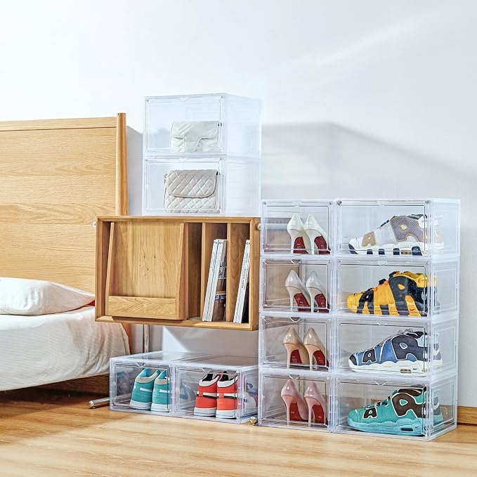ZLLZUU Stackable Shoe Storage Boxes 9 Pack X-Large Clear Sneaker Organizer | Fits up to Women's Size 13, Easy to Assemble, Clear Visible Magnetic Front Door, Quick Aceess, Durable and Sturdy Plastic - Image 5