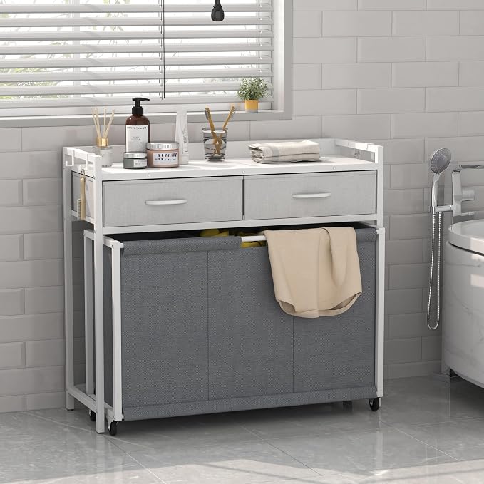 Laundry Hamper Laundry Basket with 3 Section Pull-Out Rolling Bags, Laundry Sorter for Organization and Storage with 2 Pull-Out Drawers for Laundry Room (White+Grey, 32.68'' x 31.81'' x 12.6'') - Image 8