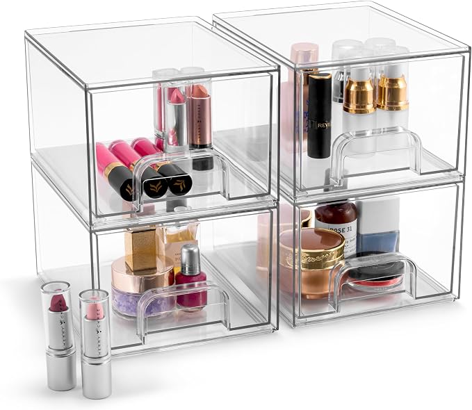 Sorbus Clear Stackable Storage Drawers (4 Pack, 4.4'' Tall) | Acrylic containers with pull-out bins keep cosmetics, brushes and daily items sorted on bathroom counters or in cabinets. - Image 8