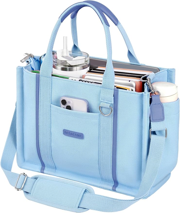 BESBESME Women’s Canvas Tote Bag with Zipper and Compartments – Multi-Pocket Laptop Work Crossbody Shoulder Tote Purse - Image 8