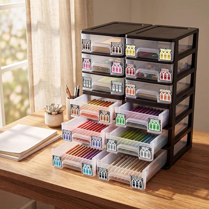 12 Pcs/ 4 Pack Plastic Crayon Organizer for Classroom Black | Crayon Storage Boxes for Marker Pen Art Craft Supplies Crayons Drawer Container for Classroom Office Table with Color Label - Image 6