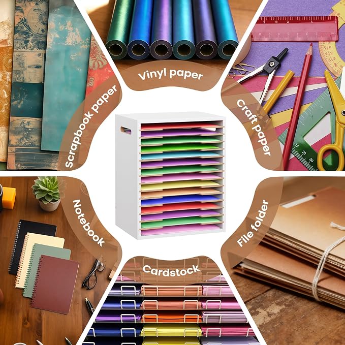 8.5x11 Scrapbook Paper Organizer Wood, 15 Tier Desk File Organizer with Handle, 9x12 Construction Paper Storage Holder Letter Tray Mail Sorter for Craft Room Home Office Classroom, White - Image 7