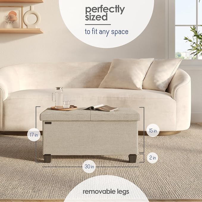 Storage Ottoman Bench with Bins, 30-in Storage Bench for Bedroom End of Bed, Folding Foot Rest Ottoman for Living Room Max 660lbs, Fabric Ottomans, Beige - Image 9