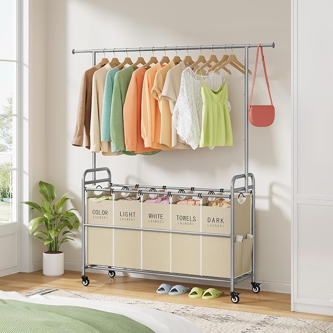 Laundry Cart with Hanging Rack, 65 Gal. Large Laundry Hamper, Beige | Rolling Laundry Cart with Hanging Bar with Removable Bag and Lockable Wheels, Separator Hamper Cart for Bedroom, Bathroom - Image 8