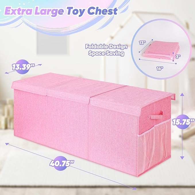 Extra Large Toy Box with Lids, Collapsible Storage Chest, 40"x16"x16" Pink | Sturdy Toy Storage Organizer with Dividers, Toybox for Kids Boys Girls, Bedroom Nursery Playroom Organization - Image 7