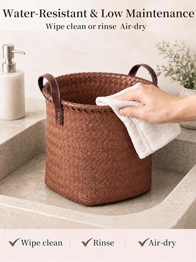 Wicker Storage Baskets, 4 Pack Woven Baskets for Shelves, Brown | PP Rattan, Water-resistant Wicker Basket, Large Baskets with Faux Leather Handles for Blanket, Laundry Organizer, Room Decor - Image 7