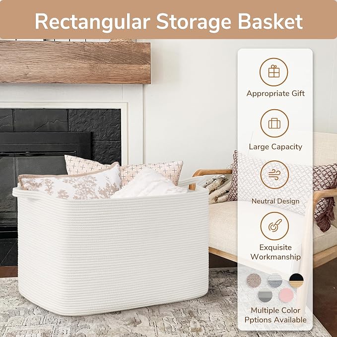 Goodpick 105L Extra Large Woven Rope Blanket Basket, Rectangle, White | 25'' x 16'' x 16'' Storage Basket for Blankets & Clothes, Living Room, Bedroom & Nursery Organization, Reinforced Handles - Image 7