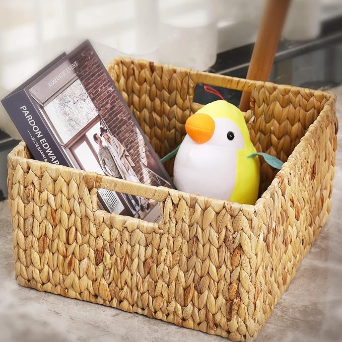 HOONEX Water Hyacinth Storage Baskets for Organizing, Decorative Wicker Baskets with Carrying Handles, Set of 2, Natural - Image 6