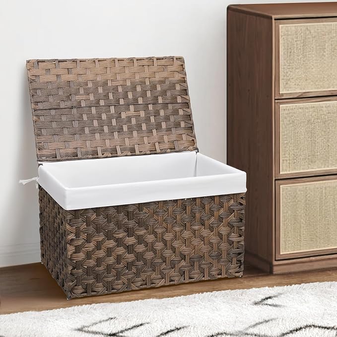 Wicker Storage Basket with Lid, 42.3 Gallon (160L) Large Blanket Basket with Lid, Woven Storage Bin with Handles, Removable Liner, Metal Frame, Foldable, for Bedroom, Laundry Room, Brown - Image 7